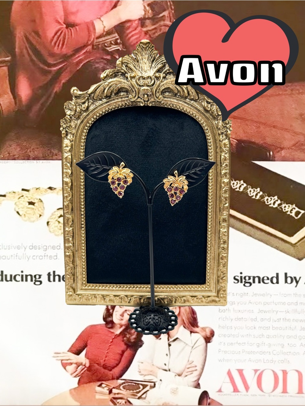 Avon Gold Tone Grape Cluster Stud Earrings with Purple Stones